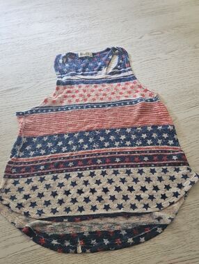 Ginger G Navy Knit Tank with Red and Cream Stars, Sz Large, Summer Top